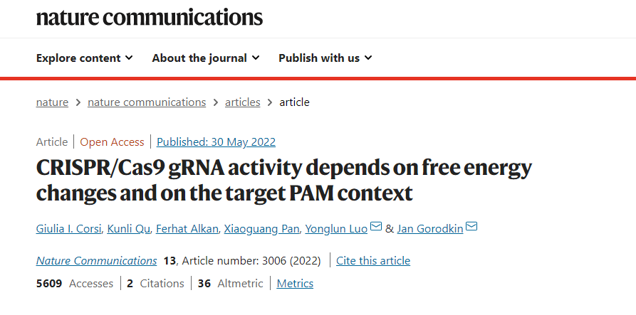 Giulia I. Corsi等在nature communication杂志上发表了题为《CRISPR/Cas9 gRNA activity depends on free energy changes and on the target PAM context》的文章